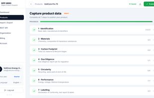 Guided seven-step editor: identification, materials, carbon footprint, due diligence, circularity, performance, labelling