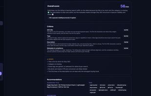 Complete listing audit tool. Get a detailed SEO score out of 100, identify critical issues, and receive actionable recommendations to improve your visibility.