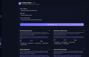 AI product idea generator. Discover new trending items for your niche complete with estimated margins, difficulty levels, and suggested pricing to expand your shop.