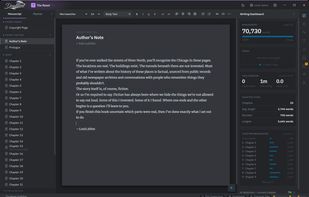 The writing editor with the Writing Dashboard open, showing manuscript word count against your target, daily goals, session stats, and a chapter-by-chapter length breakdown, all updating as you write.