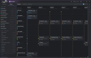 The Planner timeline, with story lines for the main plot, subplots, and each character running across chapters. Plot cards show location, status, and characters, and your codex characters can be added as their own lanes.