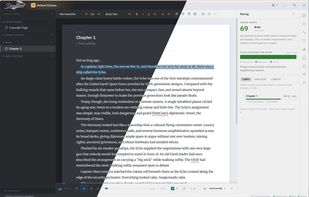 The Pacing panel scores prose tempo from sentence shape and dialogue and tracks flow across the whole book, shown here in both dark and light themes. The read-aloud player runs along the bottom, highlighting each sentence as it's read.