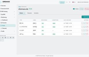 Checks, notification channels and incidents per host — with live status.
