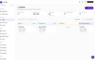 The lead pipeline — prospects tracked from first contact to awarded project.