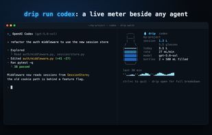 Split-pane meter running next to Codex (drip run codex)