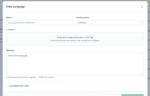 Create an SMS campaign from an Excel or CSV file, choose the sending phone and optionally schedule delivery.