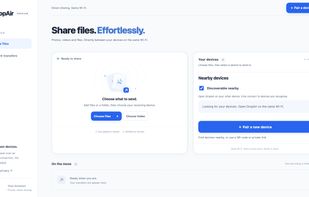DropAir web app: choose files or a folder and connect another device on the same Wi-Fi.