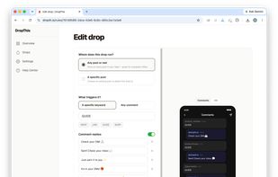 Setting up a drop — the screen where you pick a keyword and paste the link. Shows the "30-second setup, no flow builder" claim visually.