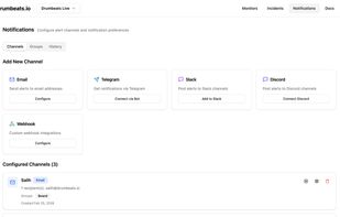 You can add integrations and get notified via selected channels when an incident happens. Also you can bundle some channels as groups to alert multiple entities together.