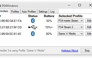 Overview connections for multiple gamepads, USB or Bluetooth, with battery levels and settings profiles