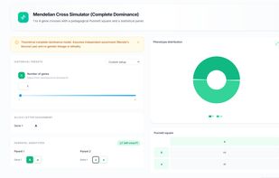 Interactive genetics tool for modeling inheritance patterns with configurable inputs, computed results, and dynamic visual outputs.