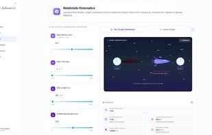 Relativistic kinematics simulator with animated SVG visualization (clocks and spacecraft), adjustable input parameters, real-time results, and interactive graphs.