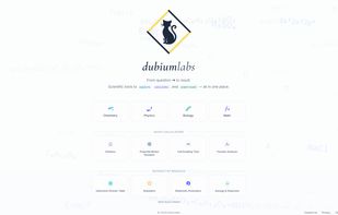 Homepage of DubiumLabs, a web platform for interactive scientific calculators and simulations with real-time computation and visual outputs.