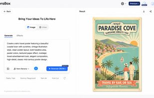 Text-to-Image Generation

TeraBox text-to-image generator creating a retro travel poster from a detailed text prompt, with options to download or share the result.