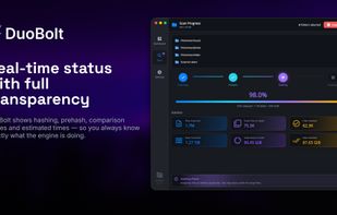 Real-time progress with hashing, comparison stages, and estimated times.