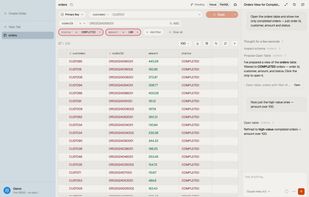 The AI agent filters orders to completed ones over 100, on your own Bedrock keys.