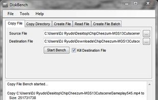 An example of the 'Copy File' test. This test was done with a MP4 video that is 204MB in size. Note that you can tell Disk Bench to delete the copyed file once the test is finished.