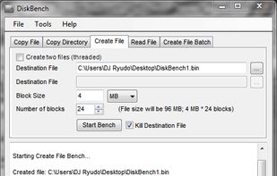 From the website: The other way to benchmark is to choose Create File. This way it just creates a file (consisting of a repeated 128 byte string). So if you only have one harddisk, this is the optimal test for you.