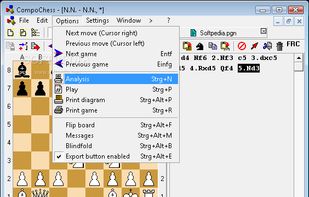 From the Options menu of CompoChess you'll be able to select the analysis tool, print the game or diagram.