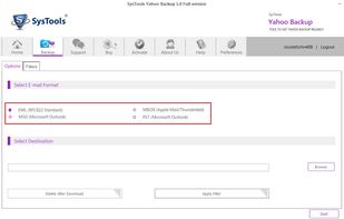 Select email formats to save backed up data