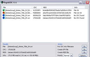 RapidCRC has finished a CRC and MD5 calculation. Additionally both CRC and MD5 columns are displayed.