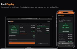 Dashboard on MacBook and iPhone, dark theme: this fortnight’s figures and the payday checklist.
