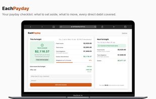 Dashboard on MacBook, light theme: income, obligations and surplus for the fortnight.