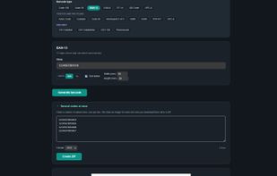 Dark mode — set the exact printed size and generate a whole column of codes at once, downloaded as a ZIP