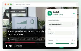 Dubbing panel inside the YouTube player: language, voice and separate volume for original audio and dub