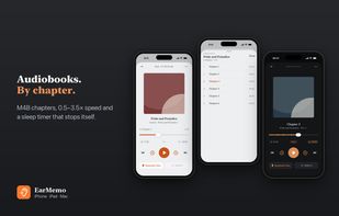 Audiobook player with M4B chapter navigation, 0.5–3.5× playback speed, and a sleep timer in a dark player.
