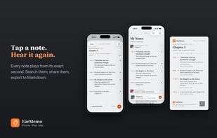 Timestamped notes: tap any note to jump back to that exact second. Search all notes, share them as an image, or export to Markdown.