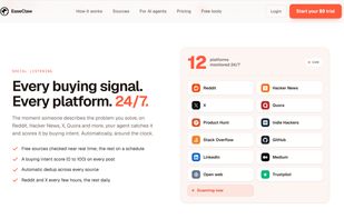 Social listening across 12 sources — Reddit, X, Hacker News, Quora, Product Hunt, Stack Overflow, GitHub, LinkedIn, Medium, Indie Hackers, Trustpilot and the open web — each post scored 0–100 by buying intent.