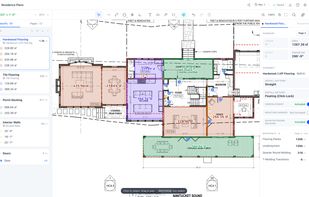 A first floor plan measured into flooring, wall, porch, and door groups, with an included hardwood flooring assembly calculating planks, underlayment, and trim.