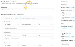 Rule builder interface for automating ticket routing, prioritization, and actions.