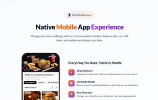 Mobile app features: swipe editing, quick sheets, real-time sync, dark mode. Restaurant owners manage menus on the go.