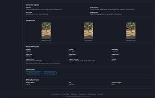 Detailed metadata, technical attributes, semantic indicators, and visual frame references are presented in a structured format. This view supports audit, compliance, and investigative workflows with organized, exportable intelligence outputs.