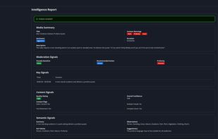 The report overview displays structured findings including media summary, moderation signals, key timestamps, confidence scoring, and recommended actions. All outputs are organized for review workflows with traceable links to source media.