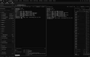 Two SSH sessions side by side, with the SFTP browser and the resource monitor