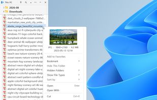 Right-click for the essentials. Image files show a preview at the top, with format, pixel size and date.