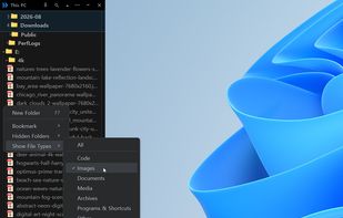 Pick the file kinds you want to see. Images only here, so nothing else is in the way — and you can add extensions of your own.