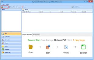 Initial Screen of the Outlook recovery tool.
Start adding PST files to be recovered by clicking on  the “Add File” function to browse PST file location.
