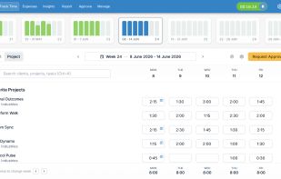 Weekly timesheets with comments, totals, a live timer, and approval.