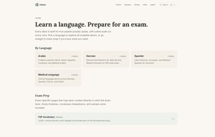 Learn hub with language selection and exam prep pages