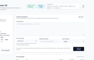 Dashboard — create and manage proposals with your profile and tone settings.