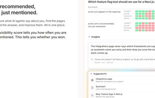 AI recommendation insights: compare assistant recommendations, identify content gaps, and review suggested page improvements.