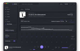 EKO Now Playing (dark) - the honest signal path with the bit-perfect seal, a live FFT spectrum, and the 10-band graphic EQ, streaming FLAC from a Navidrome server.