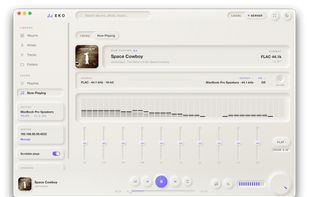 EKO Now Playing in the light "Porcelain" theme — bit-perfect FLAC playback from Navidrome, showing the full signal path, spectrum analyser, and 10-band EQ.