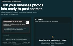 The Elua workspace - upload photos, approve the post, publish to Instagram and Facebook.
