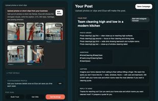 A generated post in Elua - photo order, hashtags, caption, and the DM reply to send when someone responds.
