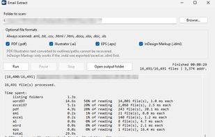 After a completed scan: 16,491 files in 29 seconds, with the time spent broken down per file format.